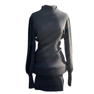 MONTREZ Sweater Dress Ribbed Turtleneck Puffy Long Sleeves Mid Length Black XL